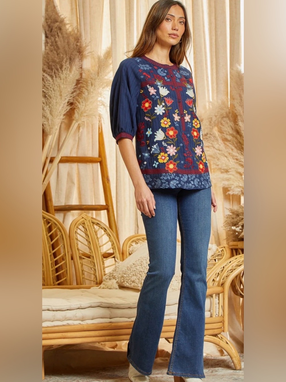 Savanna Jane Navy Embroidered Floral Button-Front Tunic